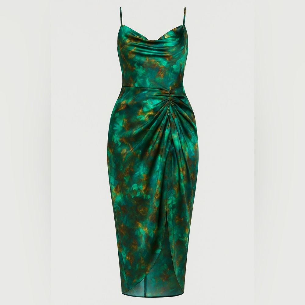 Green Print Satin Strappy Cowl Neck Side-Gathered Midi Dress